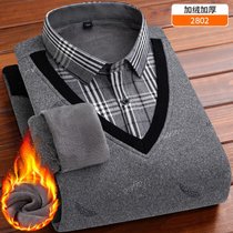 男士冬款加绒加厚假两件衬衫男长袖针织衫套头假两件加绒保暖衬衫(2802 L)