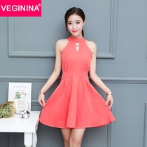 VEGININA 2017夏季新款V领连衣裙显瘦修身裙子韩版小香风无袖短裙 9372(红色 XL)
