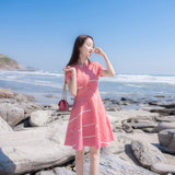 2018夏季新款女装气质名媛显瘦A字裙衬衫裙红色条纹连衣裙夏裙子(粉红色)(XS)