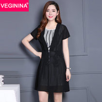 VEGININA 韩版显瘦夏装时尚两件套雪纺连衣裙 9650(黑色 3XL)
