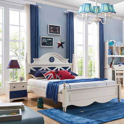A家 儿童床男孩实木床单人床1.5米青少年王子床美式儿童家具套房地中海风格 1.5M床 地中海风格(床头柜)