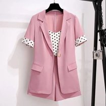 一三得衫宽松时尚网红小吊带短裤洋气休闲西装外套三件套(粉红色 L)