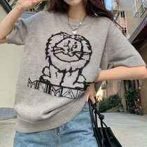 针织短袖T恤女2022春夏新款韩版卡通印花圆领宽松上衣女打底衫1089(灰色 均码)