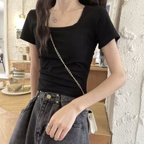 SUNTEK方领t恤短袖2022新款女装夏季纯色短款修身上衣服辣妹风ins潮(M 70~100斤 黑色 短袖)