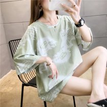 SUNTEK韩版洋气百搭卡通印花短袖t恤女2022新款宽松大码中长款夏季上衣(L 浅绿)