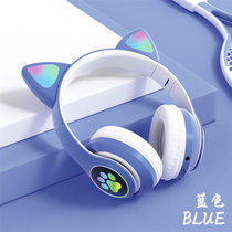 无线蓝牙5.0耳机头戴式可爱发光猫耳朵一体式华为苹果安卓通用猫耳耳机(蓝色)