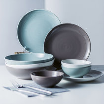 松发瓷器北欧风18头餐具家用陶瓷碗盘套装18头 螺纹设计 三色搭配
