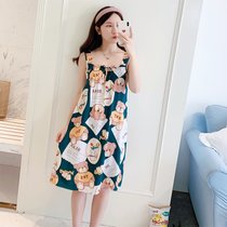 SUNTEK绵绸睡衣女夏绸吊带睡裙甜美可爱性感休闲可外穿背心裙家居服(墨绿 669绿底小熊)