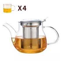 玻璃泡茶壶耐高温家用办工室茶水分离过滤冲茶器花茶壶泡茶具套装(J-812连盖钢胆+4带把杯)