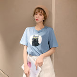 2019夏季新款t恤女韩版宽松卡通猫咪印花短袖纯棉上衣(蓝色 S)