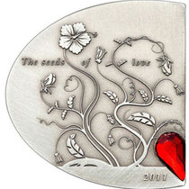 库克2011年爱的种子施华洛世奇红水晶镶嵌半心形仿古银币
