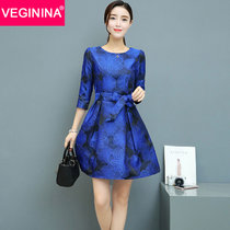 VEGININA 韩版修身七分袖气质连衣裙 3241(蓝色 XL)