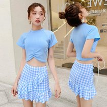 分体泳衣少女韩版泳装新款两件套小清新裙式保守学生温泉泳衣(028094湖蓝色 XL（105-120斤）)