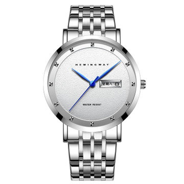 海明威hemingway德国手表潮流男表日历防水石英表f003白盘蓝针钢带