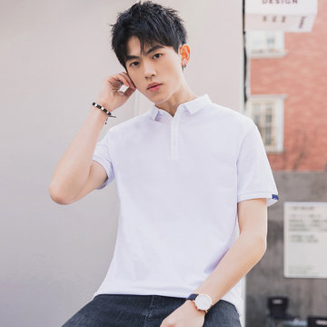 polo衫男短袖衣服夏季新款翻领打底男士纯色白t恤半袖服装广告衫(白色