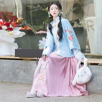 原创汉服女明制【芙苓】方领半袖对襟短衫齐腰百迭裙三件套春秋款(天蓝色 S)