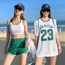 新款泳衣女保守学生韩版运动三件套分体平角遮肚显瘦温泉游泳装(浅绿三件套 M(80-95斤）)