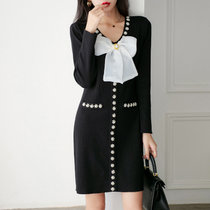 MISS LISA赫本风法式连衣裙女装外贸时尚气质小香风针织裙67110009(黑色 L)