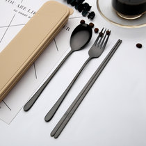 筷子勺子 304不锈钢餐具组合三件套学生便携餐具韩式叉子成人套装(宝石黑（勺+叉+筷子+卡其盒） 默认版本)