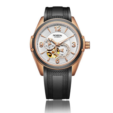劳士顿手表男士全自动镂空机械表防水时装表2088玫瑰金白面硅胶带