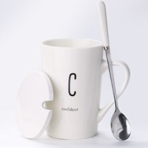 创意个性陶瓷马克杯带盖勺喝水杯子男生家用大容量茶杯情侣咖啡杯(白色款-C)