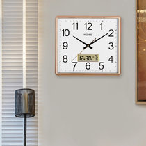 汉时（Hense)现代简约带液晶屏装饰挂钟客厅万年历静音石英时钟HW49(方形浅金)