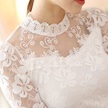 蕾丝打底衫女洋气春秋新款大码女装上衣修身立领镂空小衫冬季(白色（薄款） M)