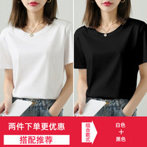 SUNTEK白色冰丝短袖t恤女2022新款纯色衣服夏季体恤打底衫内搭上衣(XL 【棉质两件装】白色+黑色)