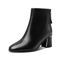 SUNTEK粗跟短靴女加绒棉鞋鞋2021年秋冬新款女鞋高跟靴子中跟马丁靴(36 黑色-单里)