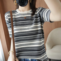 纯棉条纹t恤女圆领短袖21夏季韩版宽松显瘦拼色上衣百搭拼色背心(红色 S)