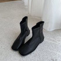 SUNTEK韩版瘦瘦靴女鞋子2021年新款春秋单靴软皮夏季白色平底炸街小短靴(37 黑色后拉链{单里})