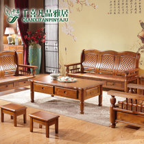 千喜凡品雅居 中式实木沙发组合 木沙发 实木客厅沙发 香樟木沙发(3+长茶几+2小凳子)