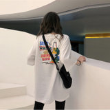 MISS LISA圆领短袖女宽松韩版学院风简约个性卡通中长款T恤上衣6388(白色 M)