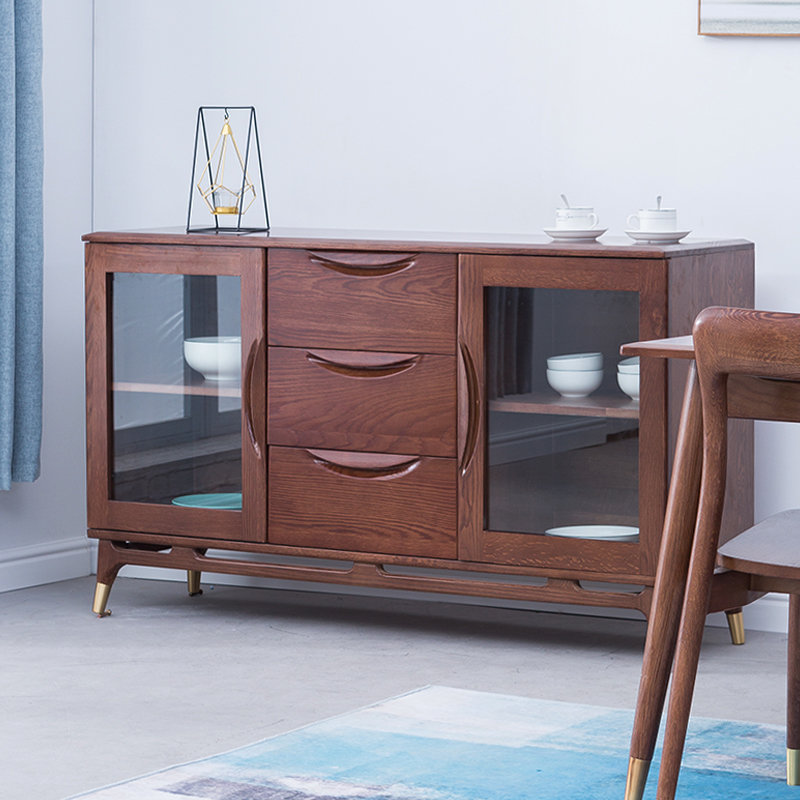 边柜家用简约现代橡木置物柜碗柜全实木餐厅柜子储物柜胡桃色小餐边柜