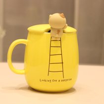 马克杯子陶瓷杯家用水杯创意潮流带盖勺可爱小猪少女心早餐杯礼品(爬爬杯黄+盖勺450ML)