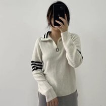 针织衫薄款女2021秋季新款设计感小众高领套头拼色长袖绵羊毛毛衣(黑色 XL)