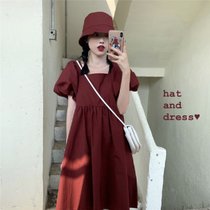 连衣裙2021新款洋气韩版宽松ins方领泡泡袖A字裙【含帽子】(酒红色 XL)