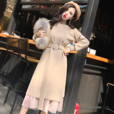 2018新款针织连衣裙秋冬女装中长款内搭两件套毛衣过膝宽松长裙(桔粉色 XL)