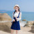 2018秋装新款韩版修身显瘦长袖喇叭袖背带裙两件套连衣裙套装裙(蓝色)(M)