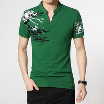 NAKECY夏季男士短袖T恤 韩版修身半袖时尚印花潮男装体恤青年大码上衣男(绿色 5XL)