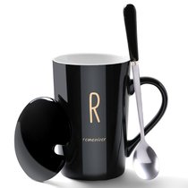 创意个性陶瓷马克杯带盖勺咖啡杯家用情侣喝水杯子男生办公室茶杯(黑金款-R)