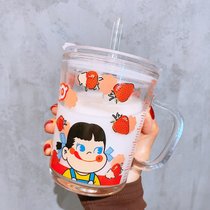 可爱玻璃杯带把手带吸管家用水杯防烫牛奶早餐咖啡办公室带盖杯子(草莓3件套400ml+杯子+杯盖+玻璃吸管)