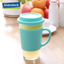 韩国Glasslock原装进口玻璃办公家用带把手带盖情侣儿童茶水牛奶杯(天蓝色500ml带把手)