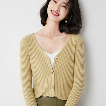 2021秋冬季新款女士v领针织坑条羊毛开衫时尚百搭洋气外套上衣(秋香黄