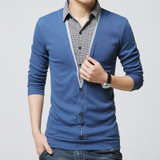 假两件衬衫领男士毛衣套头毛线衣男装韩版V领薄款春季男生针织衫E6237(E6237蓝色薄款 4XL)