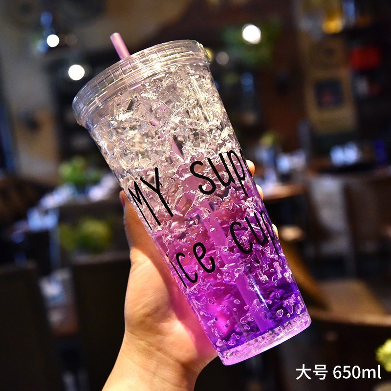 贝车羽碎冰杯创意杯子女学生夏天冰杯便携可爱吸管水杯平盖大号550ml