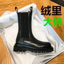 SUNTEK内增高马丁靴白色大棉中筒烟筒靴加绒切尔西靴秋冬季短靴女鞋(37 黑色中筒+大棉绒里)