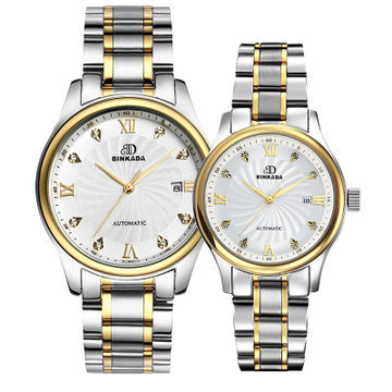 binkada宾卡达情侣腕表女士背透腕表间金镶钻男士机械表单历罗马刻度