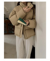 韩版90白鸭绒加厚立领 羽绒服  女冬季宽松保暖 面包服 短款外套(卡其色 均码)
