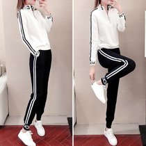 运动套装女春秋季2021新款韩版大码宽松显瘦休闲时尚跑步服两件套(白色套装【上衣+裤子】 （好质量） XL 【建议120-135斤】)